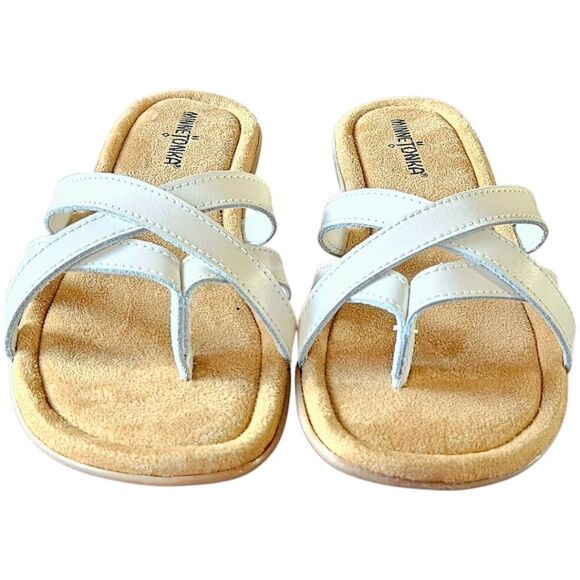 MINNEโTONKA Women's Wide Width White Sunny Leather Flip Flop Thong/Sandals 9W - Picture 7 of 16